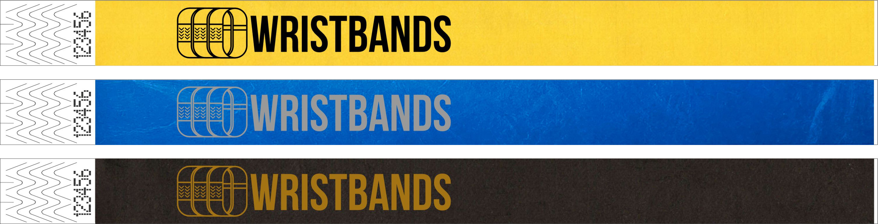 Tre Tyvek-armband tryckta i svart, silver och guld