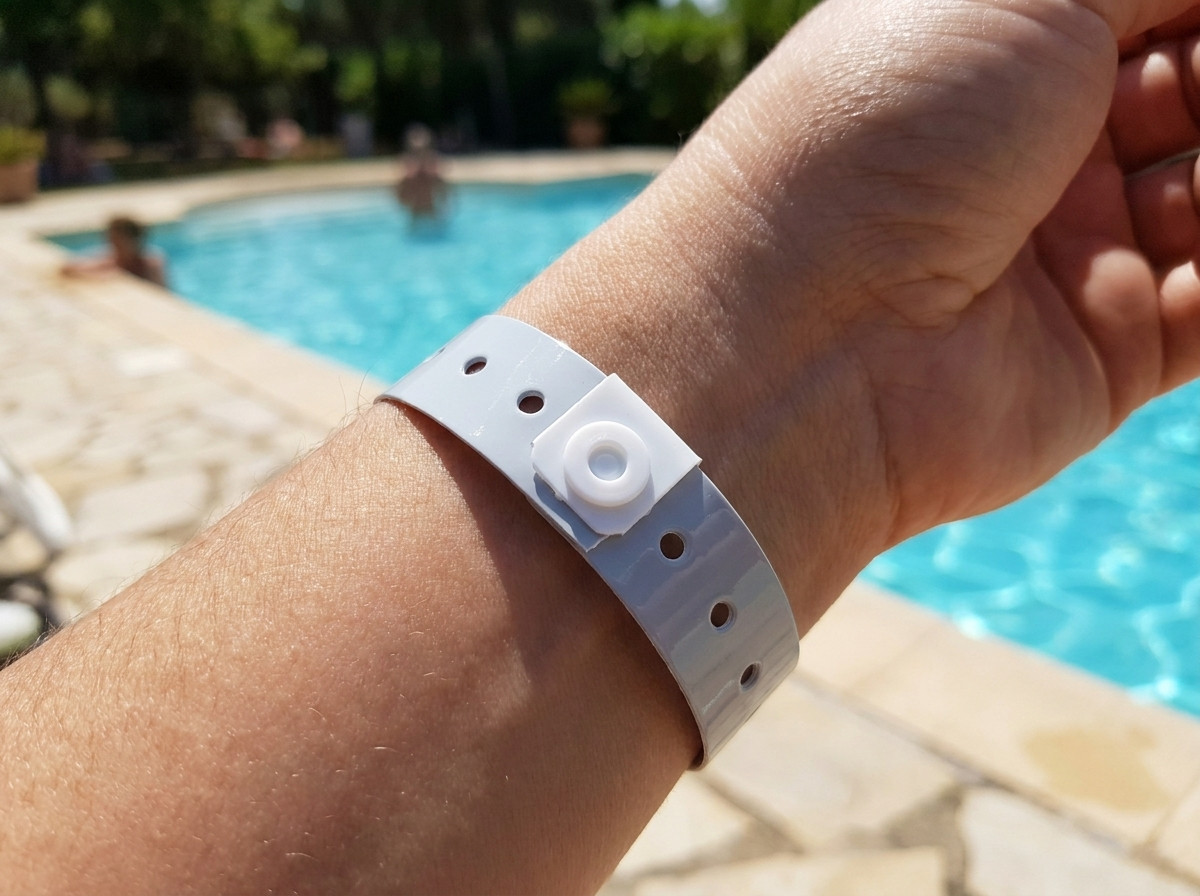 Diskret Tyvek-armbånd buret på handled i en solig naturistmiljö vid poolkanten