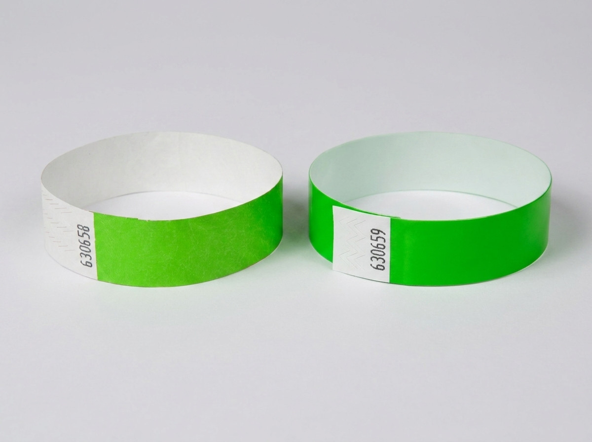 Jämförelse sida vid sida av ett vitt Tyvek-armband med tryckt streckkod och ett färgglatt identifieringsarmband med streckkod, placerade på ett festivalbord