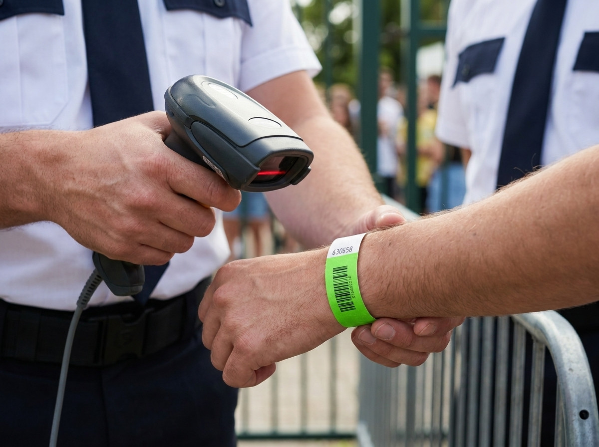 Säkerhetsvakt som skannar streckkoden på ett Tyvek-armband vid åtkomstkontrollen till ett utomhusfestival, med en laserskanner i handen