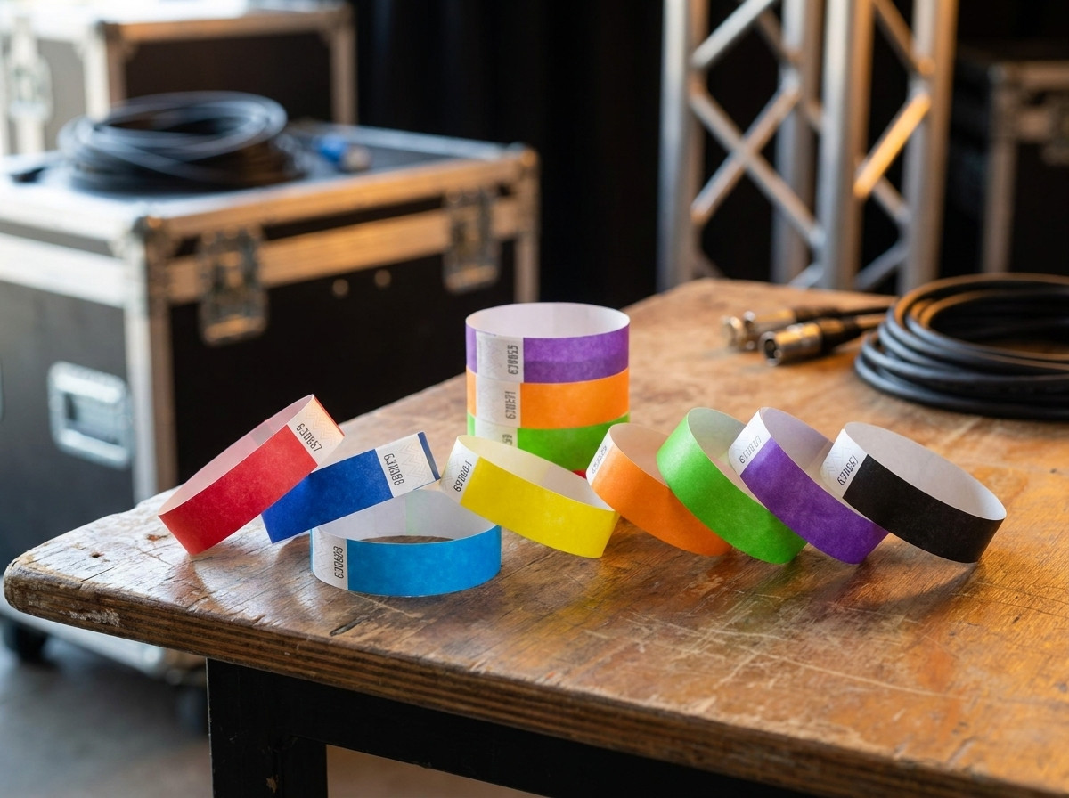 Sortiment av backstage-konsertarmbånd i flera färger arrangerade på ett scenproduktionsbord