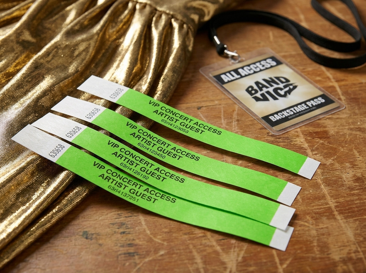 Anpassade VIP-armbånd för konsert, placerade på ett backstage-bord med guldlame och artistbricka