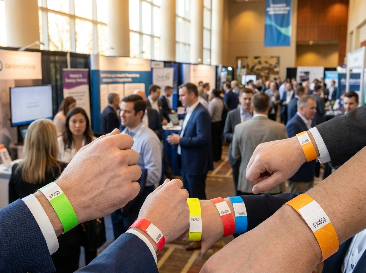 Färgglada Tyvek-armbånd burna av yrkespersoner vid entrén till en B2B-mässa, med synlig streckkod och anti-överförings-stängning