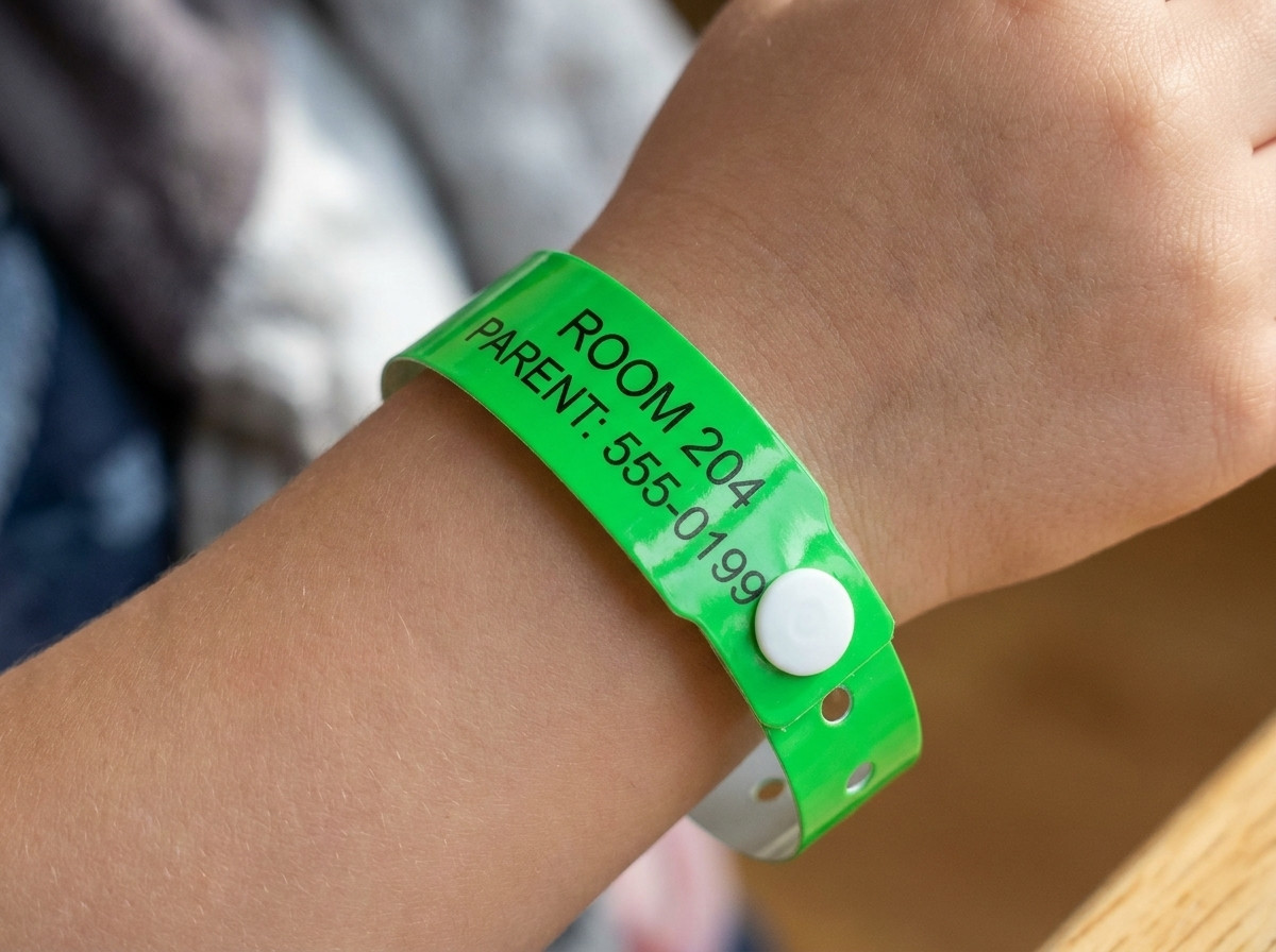 Färgglatt Tyvek-armband för barn med rumsnummer och föräldrakontakt tryckt, buret på handleden av ett barn vid en hotellpool