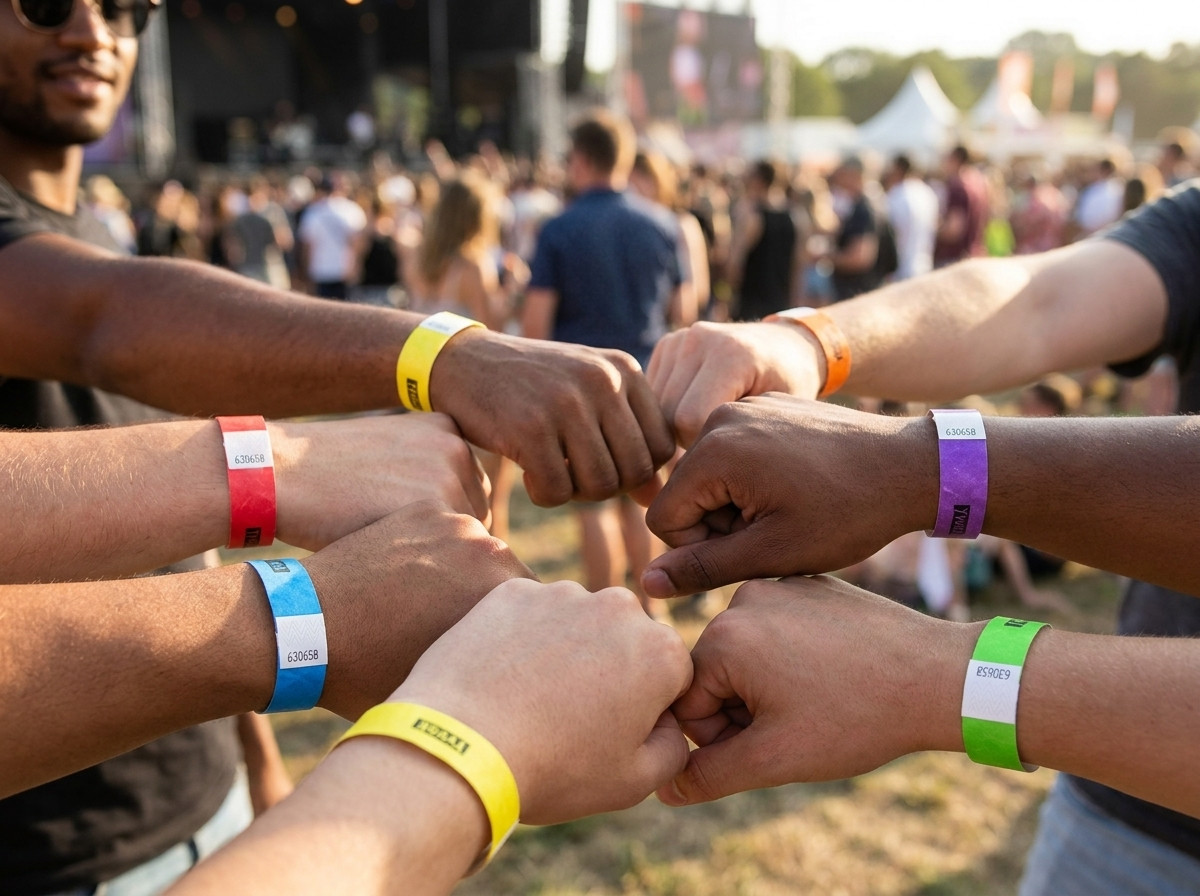 Flerfärgade Tyvek-armband för identifiering av besökarkategorier vid en utomhusfestival