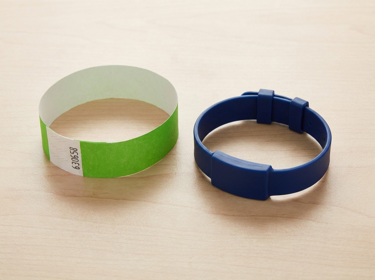 Foto som jämför ett engångarmband i Tyvek och ett återanvändbart armband i styv plast placerade bredvid varandra på ett bord