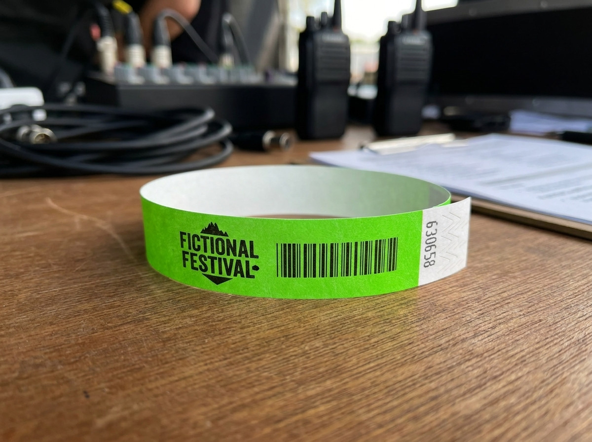 Närbild på ett vitt papperarmband med tryckt logotyp fäst på ett handledsband