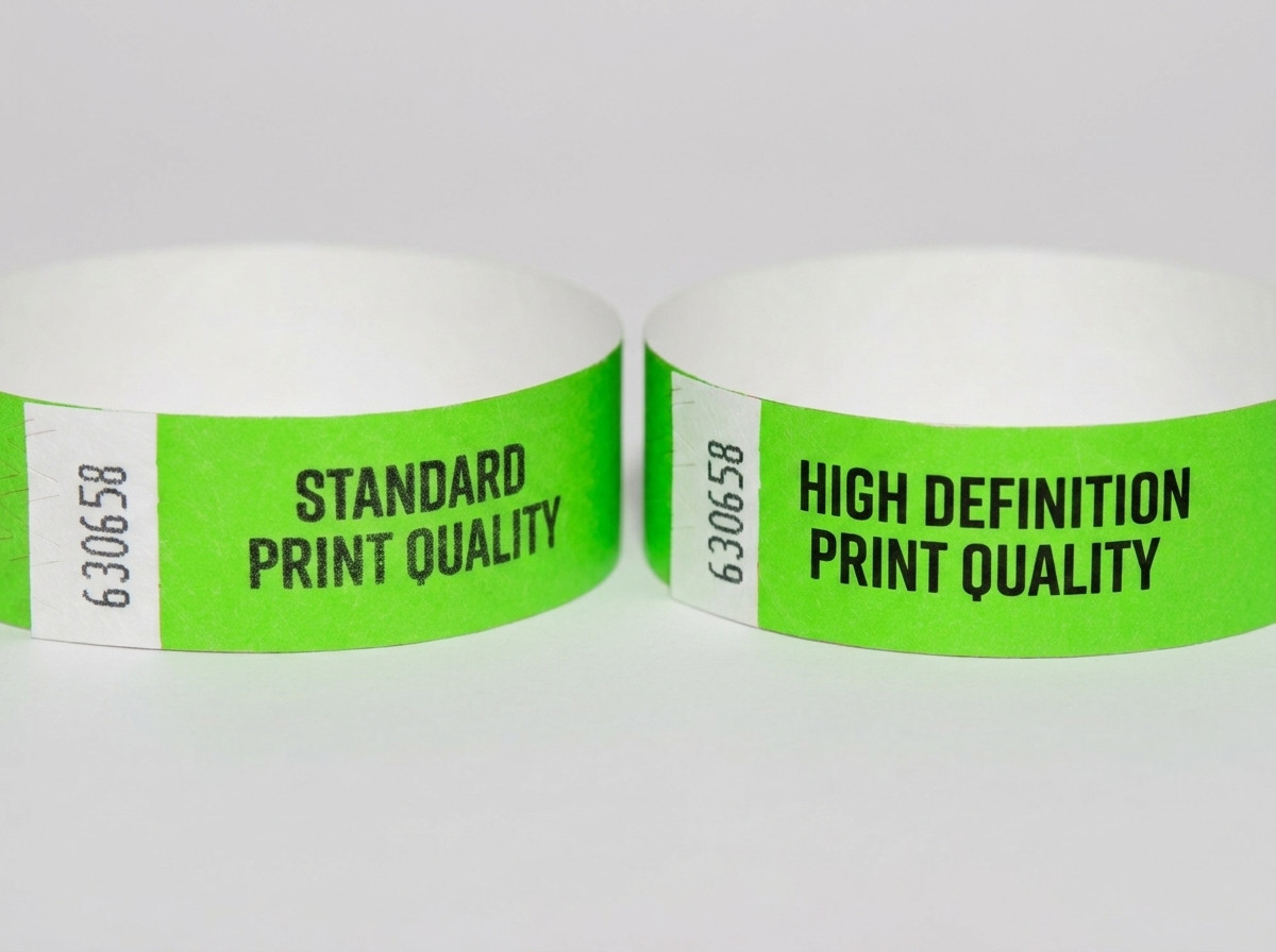 Jämförelse sida vid sida av ett Tyvek-armband och ett identifieringsarmband, vart och ett med en högupplöst tryckt QR-kod med färgglad evenemangsdesign