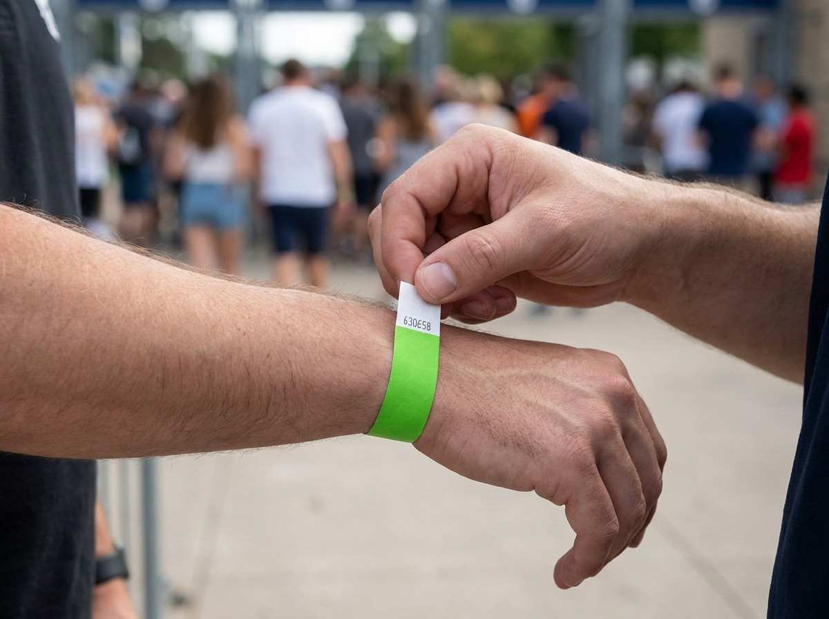 Säkerhetsvakt som kontrollerar anti-transferarmband vid ingången till ett stort utomhusfestival med folkmassa synlig i bakgrunden
