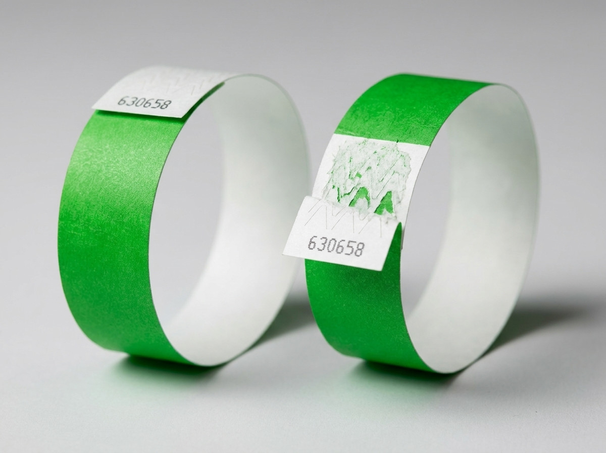 Jämförelse sida vid sida av ett Tyvek-armband och ett personaliserat identifikationsarmband för ett evenemang, vilket illustrerar skillnaderna i material, tjocklek och lås