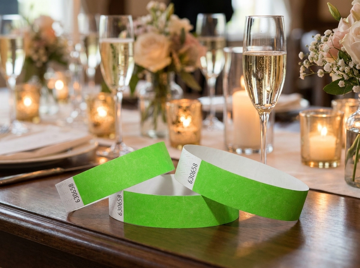 Anpassade Tyvek-armband för en elegant privat fest placerade på ett dekorerat bord med champagneglas
