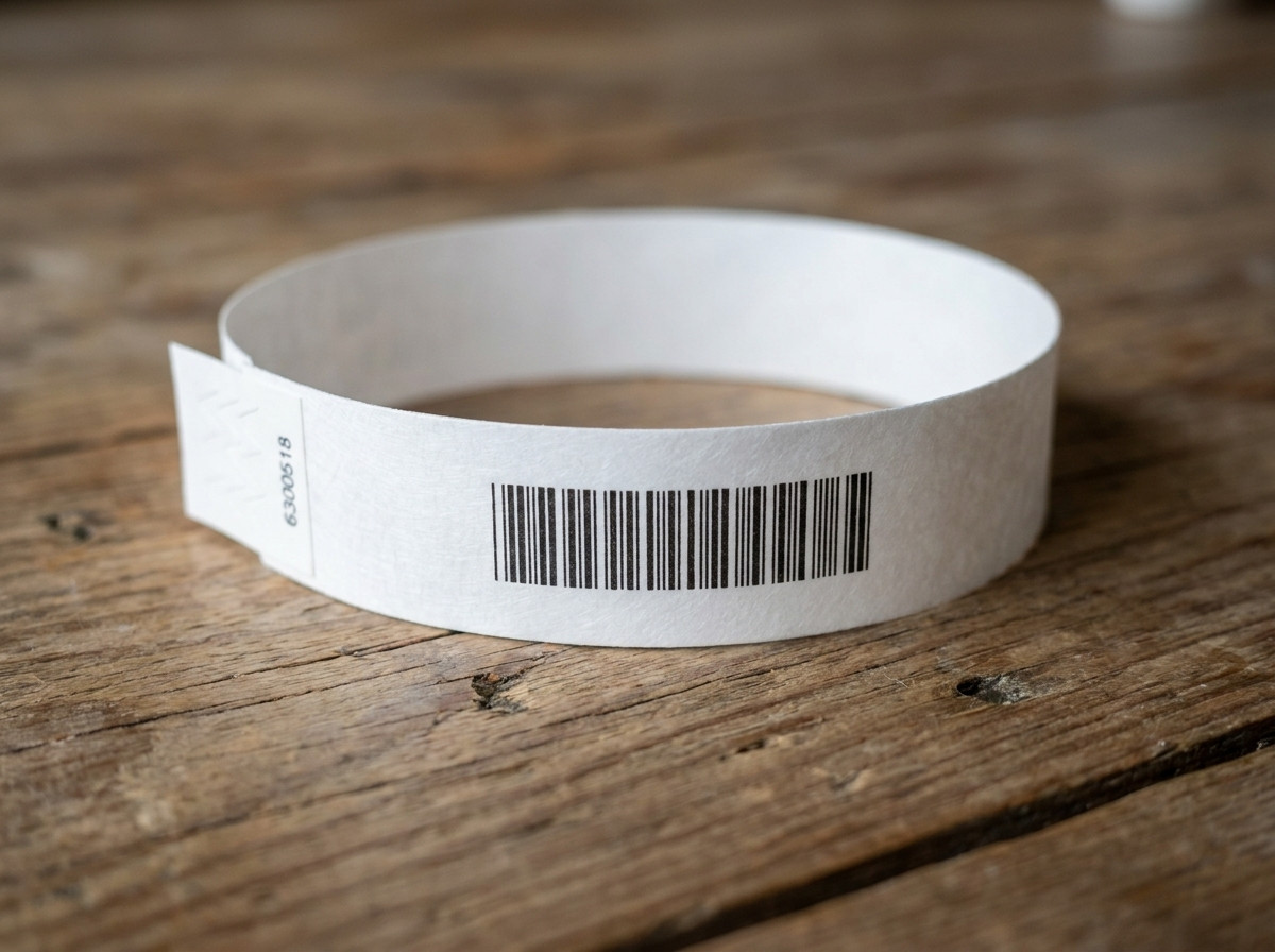 Närbild på ett vitt Tyvek-armband tryckt med logotyp och streckkod, placerat på en träyta