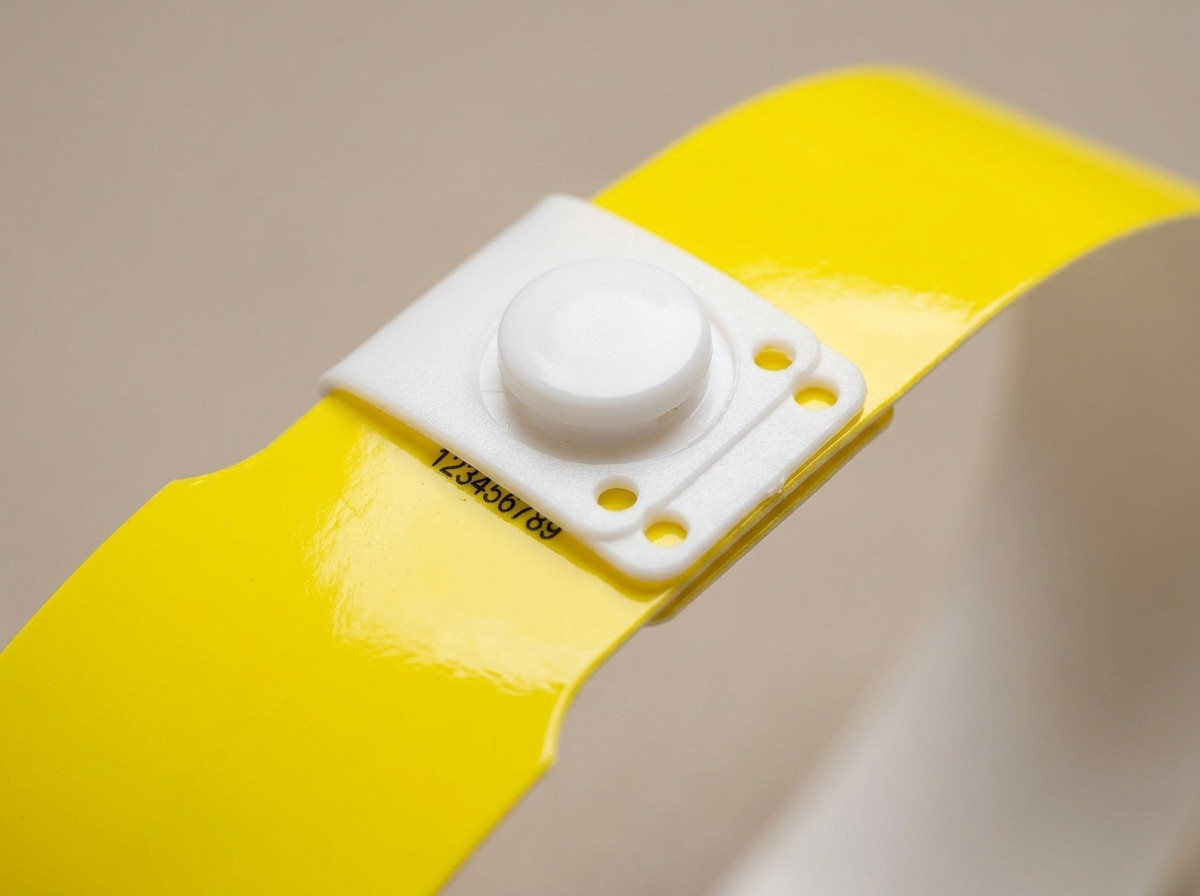 Närbild på ett plastarmband med knäppstängning av ett styvt och hållbart material